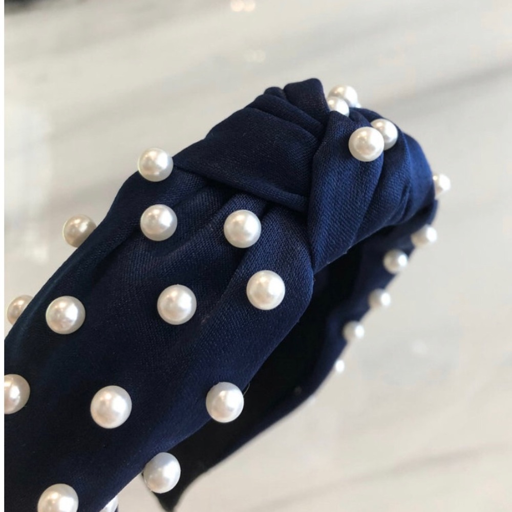 Navy Blue Top Knot Pearl Embellished Headband - Picture 2 of 3